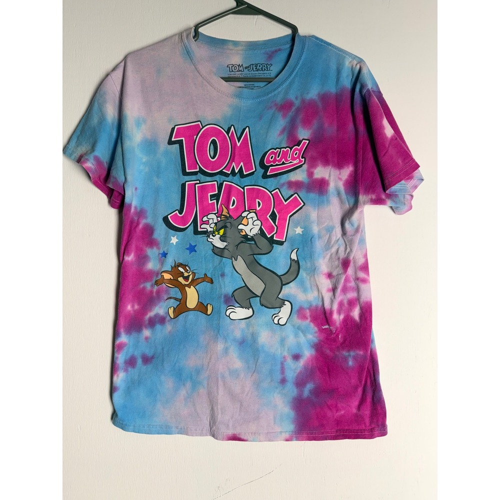 Tom and Jerry Tie Dye Graphic T-Shirt Blue Pink Purple Cartoon Tee Size M